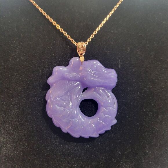 Purple Jade Carved Dragon Pendant Necklace in 14K Rose Gold/Sterling Silver - Picture 2 of 10
